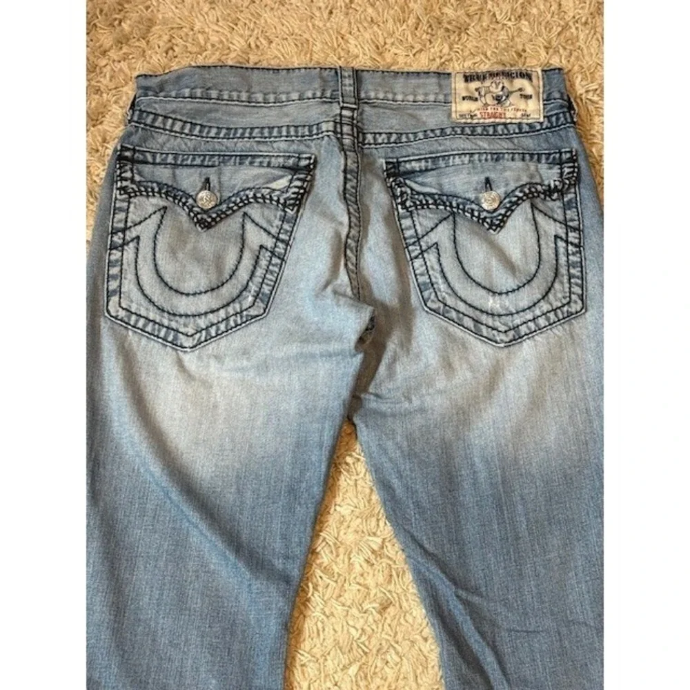 True Religion World Tour Straight Jeans 34 Made in USA‎ Light Wash Flap Y2K VTG